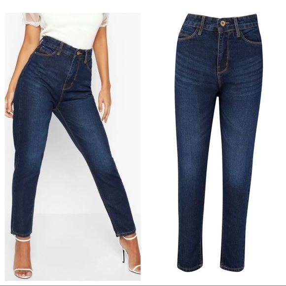 NEW Boohoo High Waisted Mom Jeans in Dark Blue - Picture 2 of 3